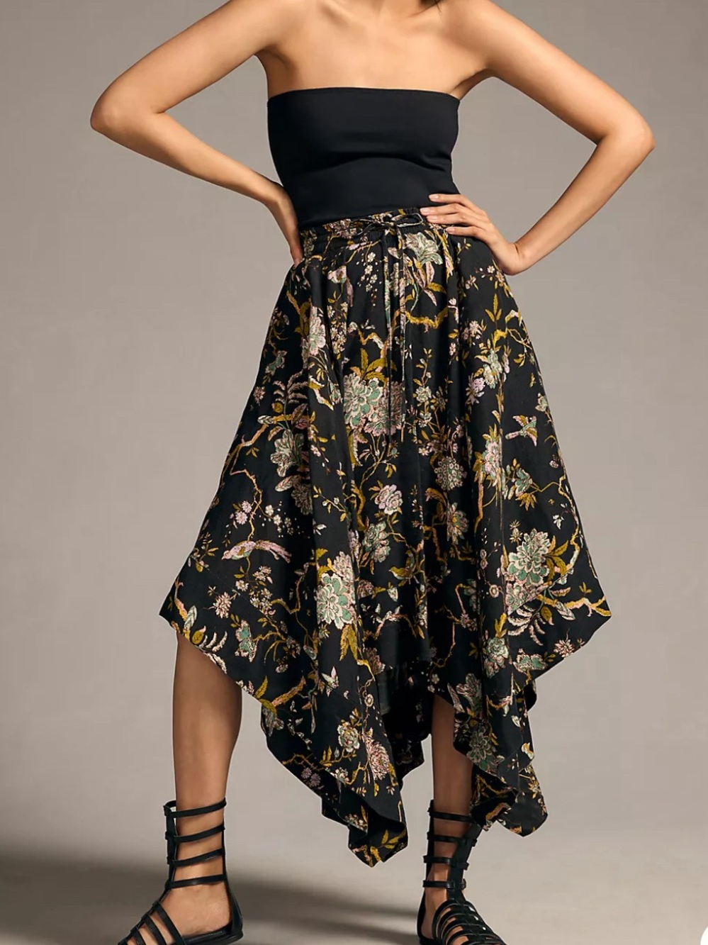 Anthropologie Pilcro Asymmetrical Linen blend Floral Drawstring midi skirt Small